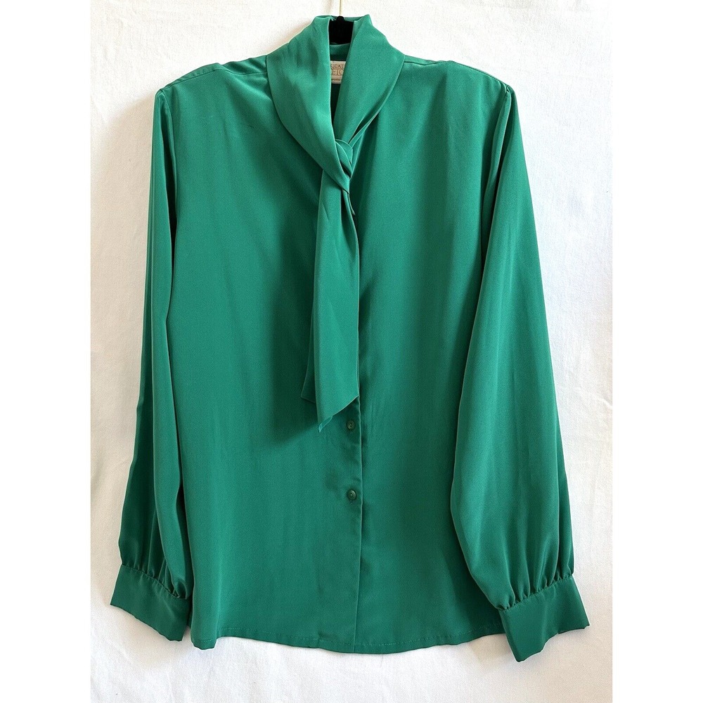 Pendleton Sophisticates Blouse Womens 12 Tall Tie Neck Green Vintage Made In USA